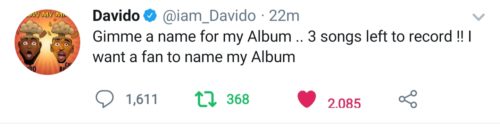 Davido Reveals He Wants One Of His Fans To Name His Forthcoming Sophomore Album 2