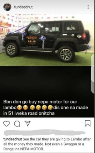 Twitter Users Drag Tunde Ednut For Calling Mercy’s Innoson SUV A “Nepa Motor” 2