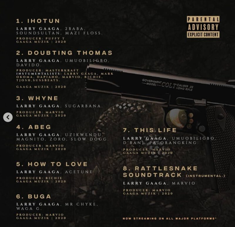 Album Larry Gaaga - Rattle Snake ft. 2Baba, Sound Sultan, Umu Obiligbo, Patoranking, D'banj, & Others 2 width=800