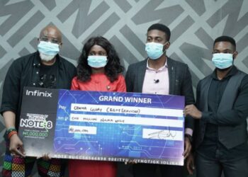L-R Lanre Olusola, CEO OLCA; Oduma Glory, Grand winner; Adewunmi Opeyemi, Marketing Executive; Kevin

Olumese, Infinix Content Manager.
