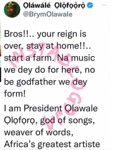 “Your Reign Is Over, Stay at Home”- Brymo Drags 2baba Again 2