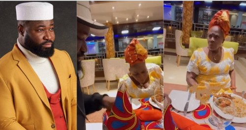 “Mama abeg chop” – Harrysong’s Mother Queries Him for Spending N30k on Her Meal (WATCH)