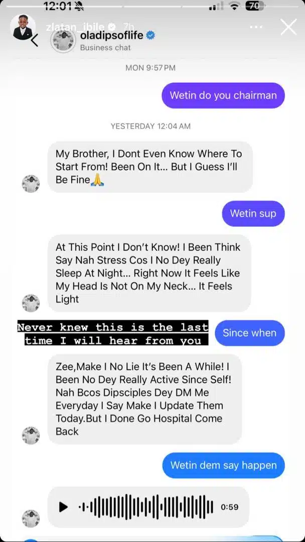 Zlatan Ibile reveals final conversation with Oladips before his tragic passing.