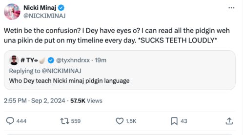 Nicki Minaj tweets in Pidgin English: Nigerians in shock. 1 Screenshot 2024 09 02 at 15.10.39 2