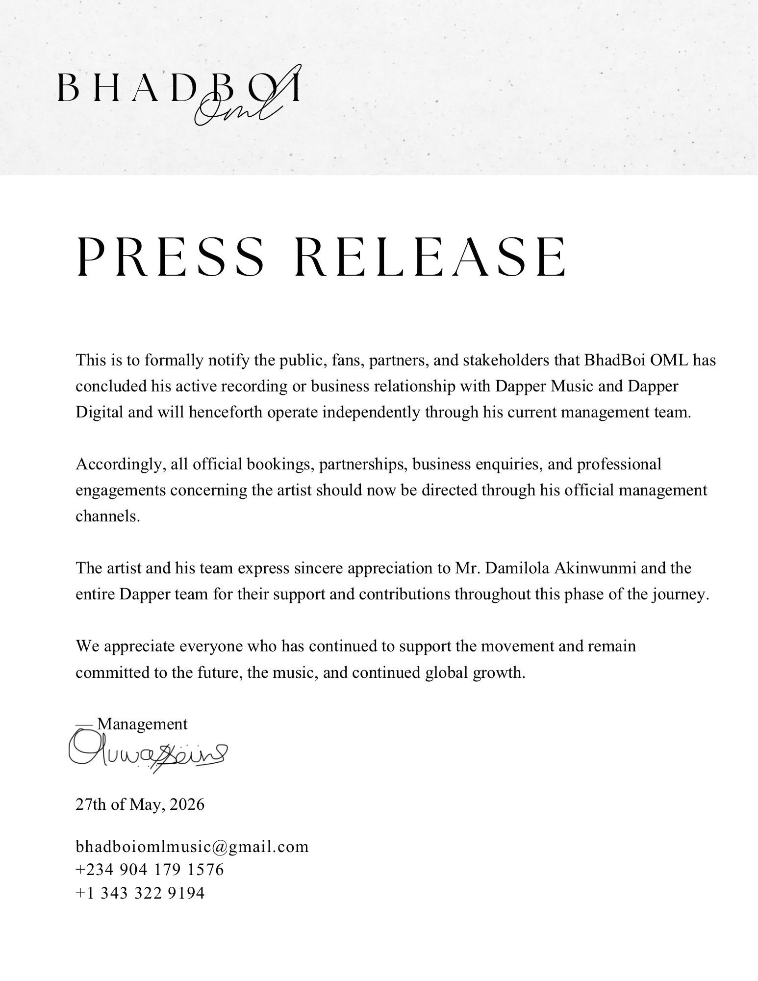 BhadBoi OML Announces Departure from Dapper Music 2 BhadBoi OML, Press Release